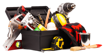Werkzeugkoffer mit Bohrmaschine, Schutzausrüstung und Handwerkzeugen