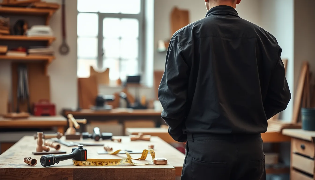 Handwerker in der Werkstatt von hinten, Werkzeuge und Messband im Vordergrund